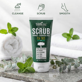 Oleavine scrub being massaged on foot for smoothness benefit