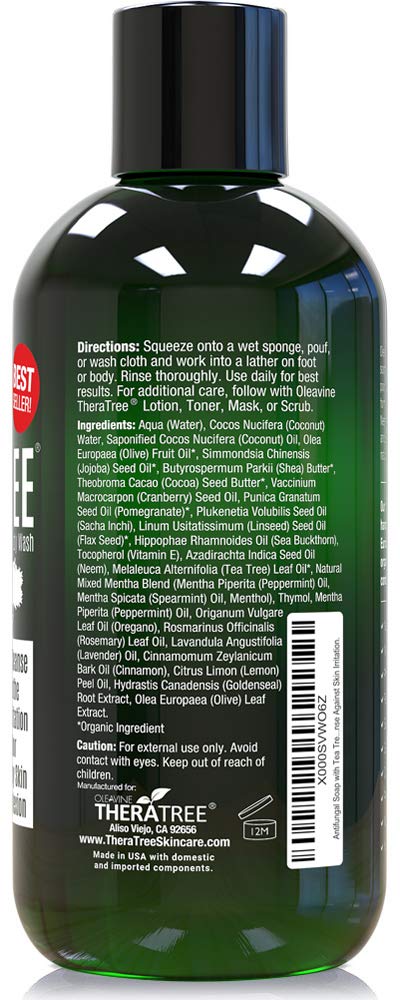 Oleavine TheraTree bottle beside hand for 12 fl oz size and travel convenience