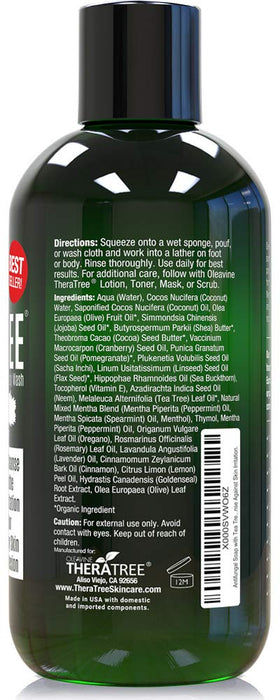 Oleavine TheraTree bottle beside hand for 12 fl oz size and travel convenience