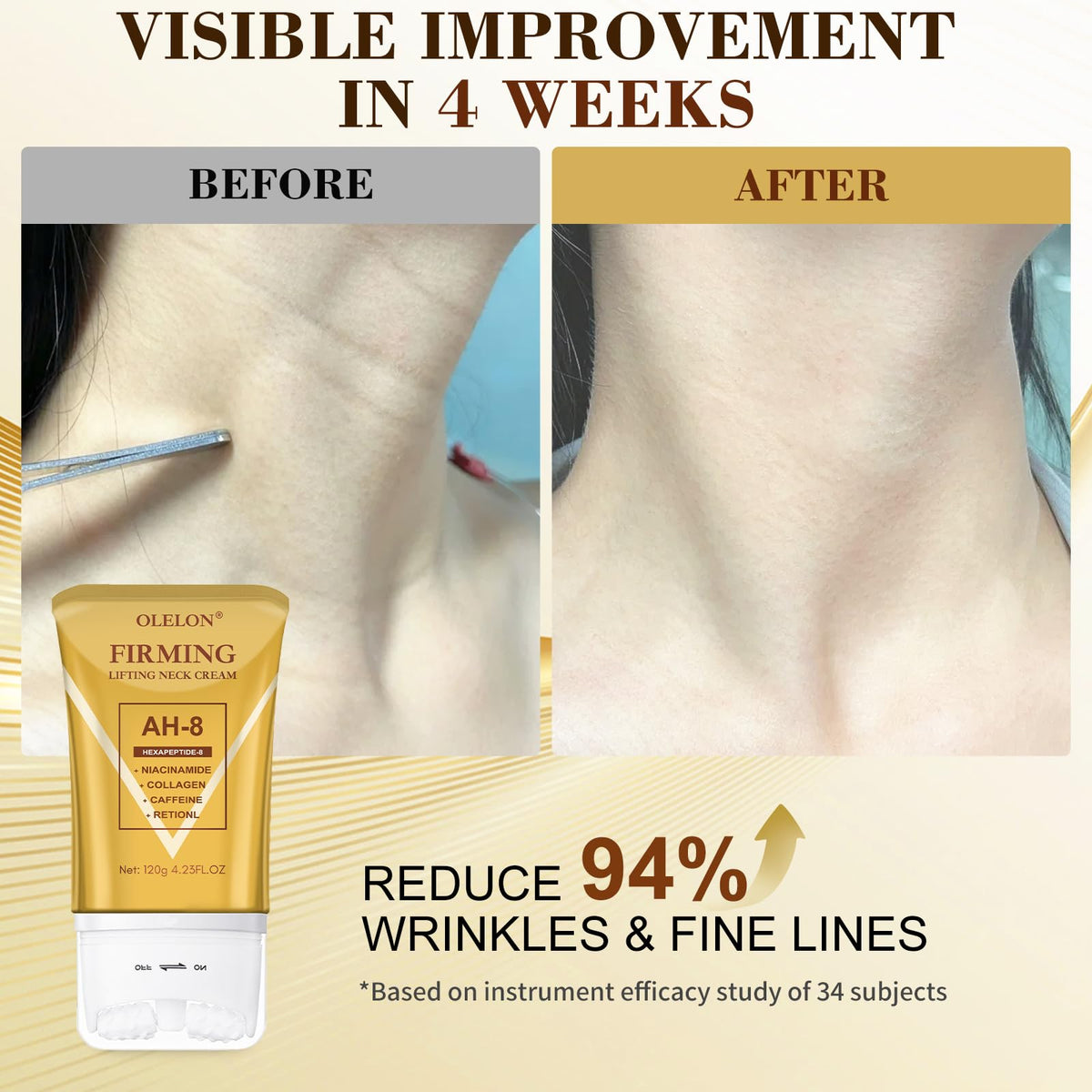 OLELON application demo on neck using roller to boost absorption and lift
