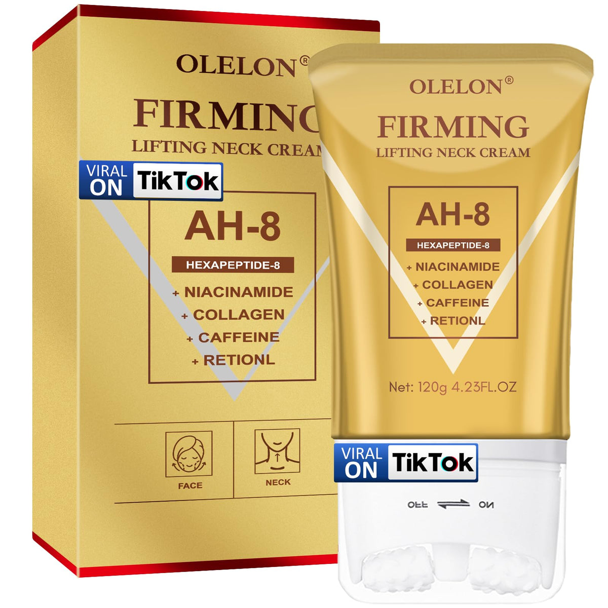 OLELON front packaging showing product and roller for visible neck firming