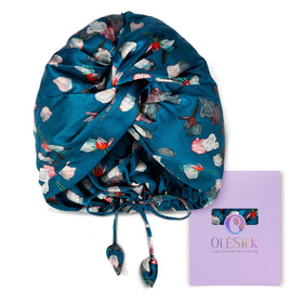 OLESILK bonnet front view showing royal blue silk and protective benefit