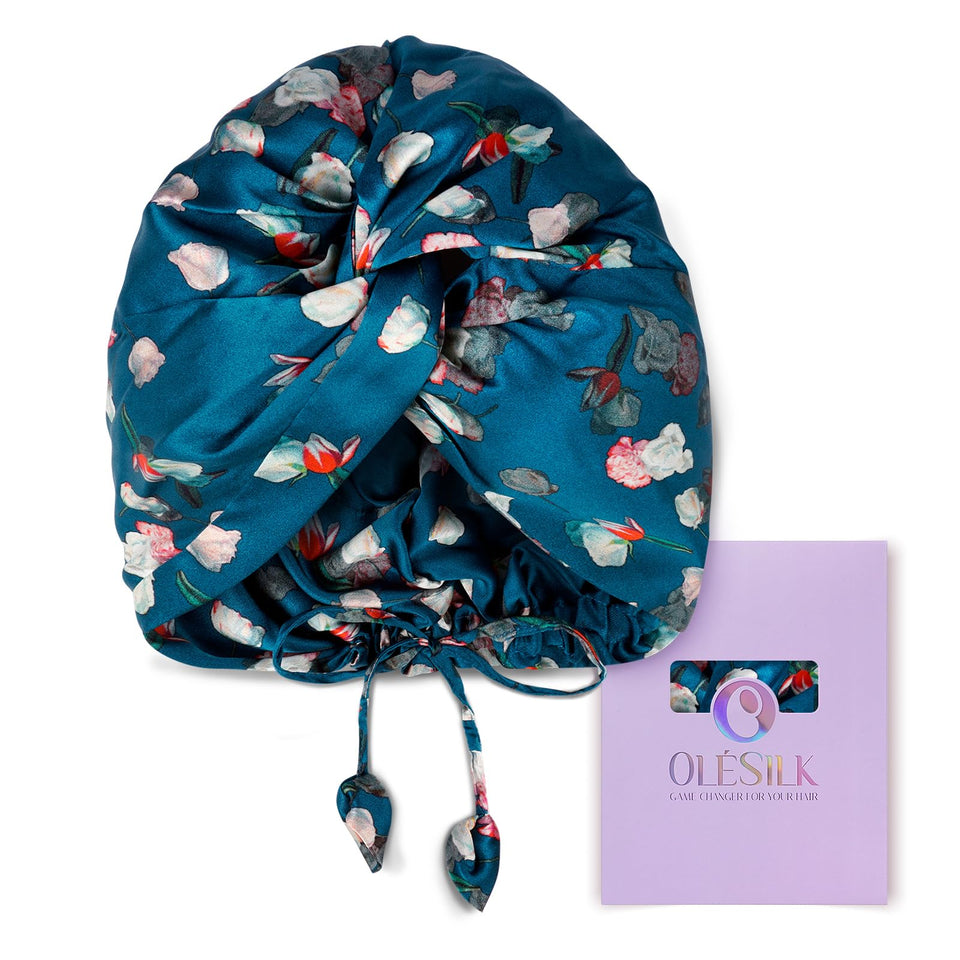 OLESILK bonnet front view showing royal blue silk and protective benefit