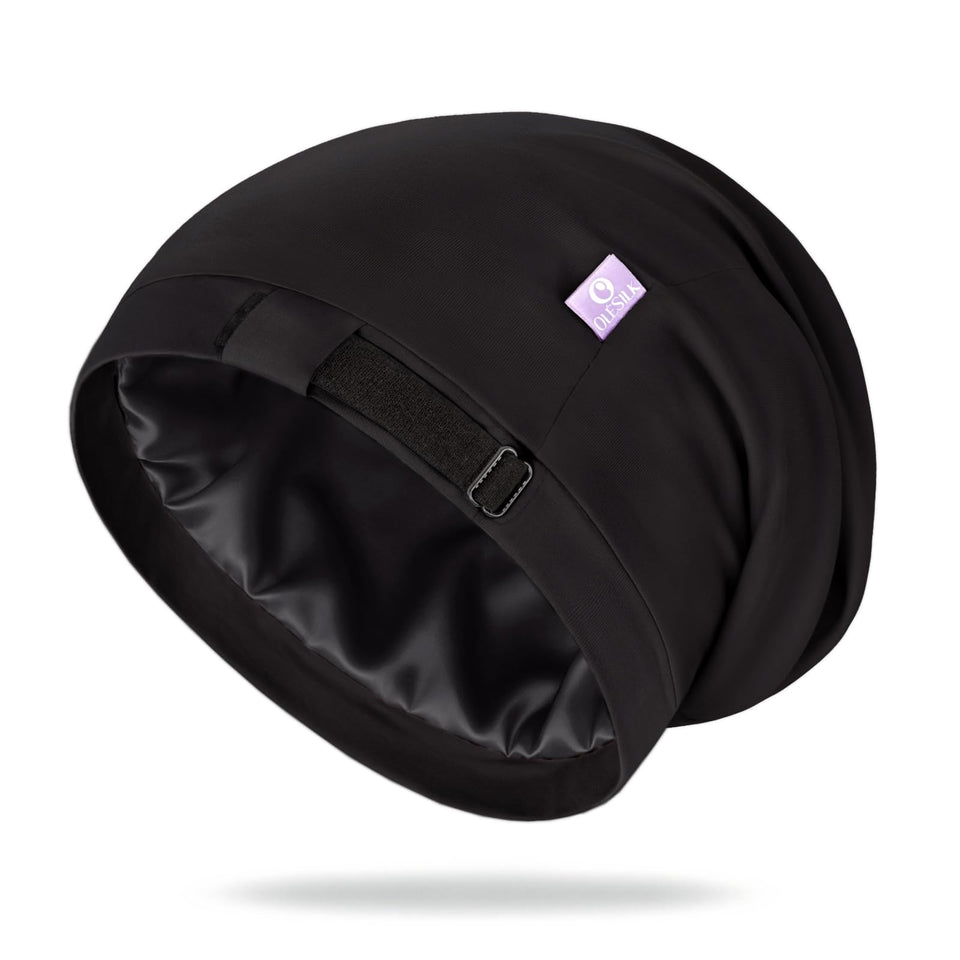 OLESILK front view of black bonnet showing neat fit and comfort