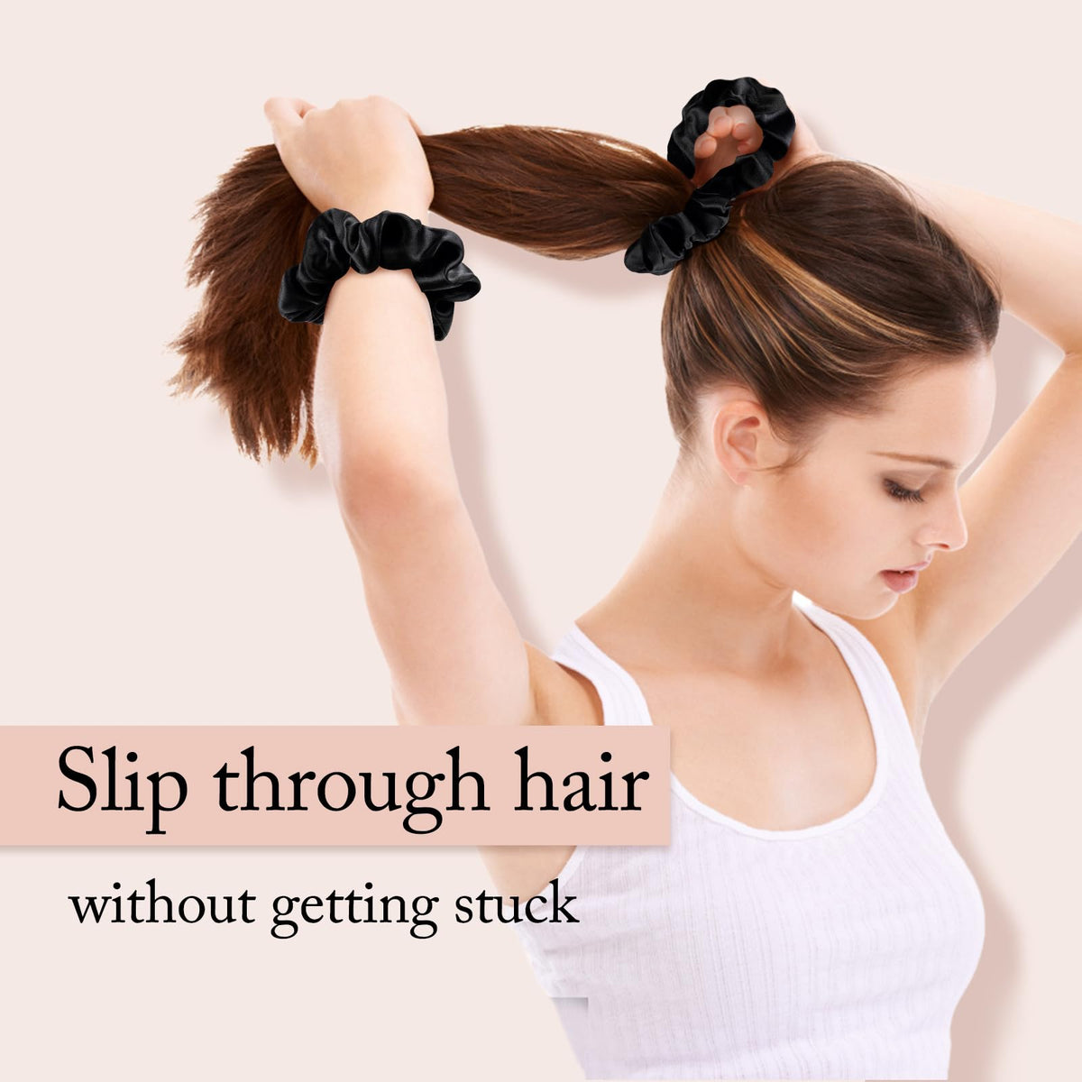OLESILK scrunchies on bedside table illustrating sleep use for reduced breakage