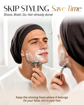 OLESILK bonnet worn by model with curly hair reducing frizz overnight