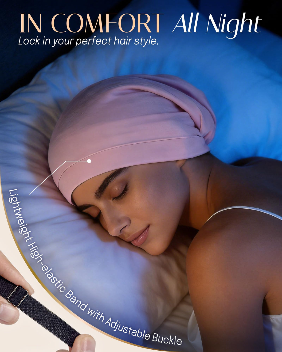 OLESILK bonnet worn by model demonstrating night protection