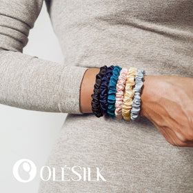 OLESILK scrunchie beside a ruler to show slim profile and size for fine hair