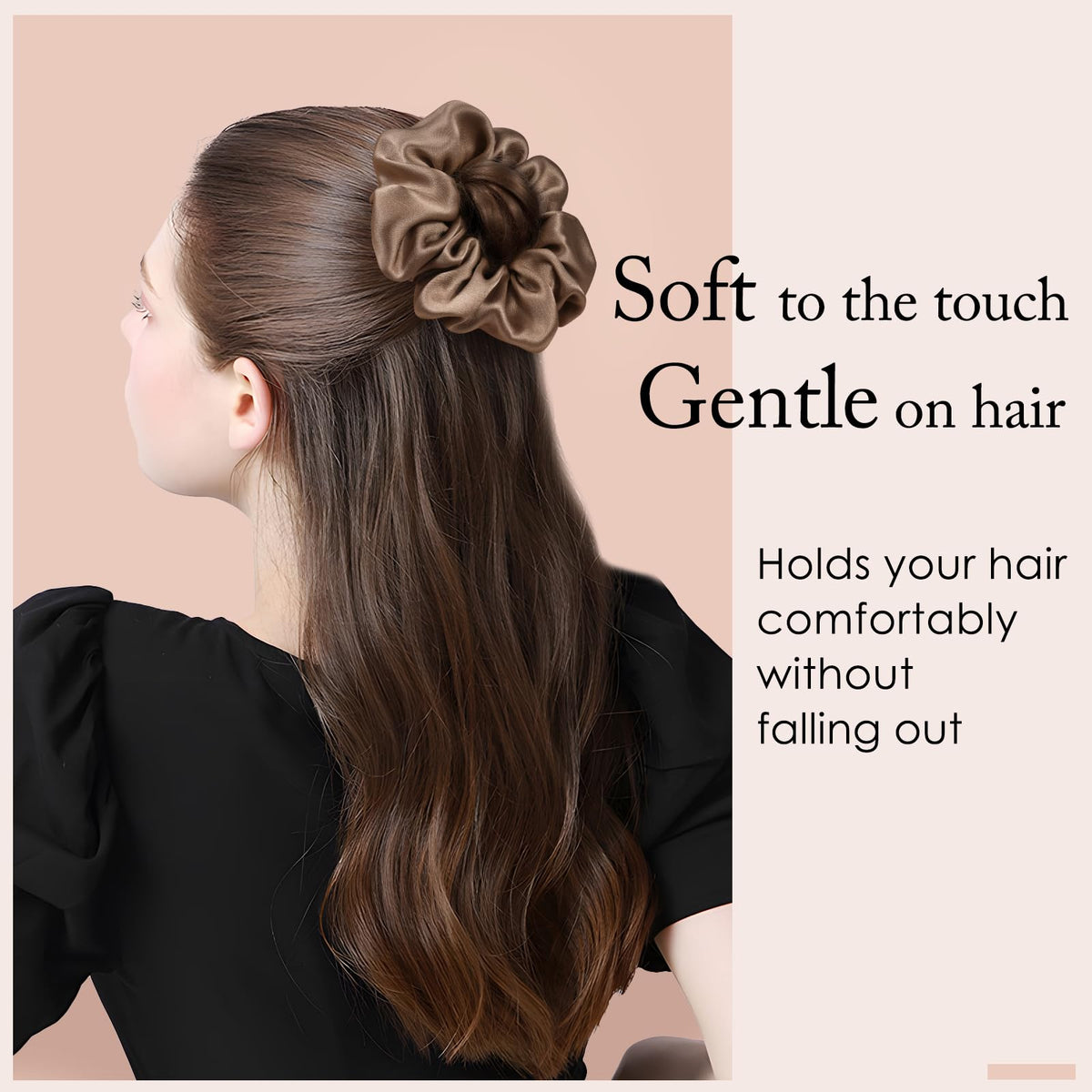 OLESILK scrunchie worn in a ponytail demonstrating secure hold with minimal creasing