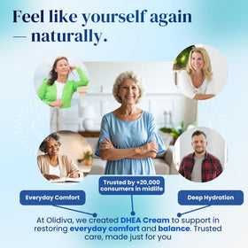 Olidiva DHEA cream on bathroom shelf in lifestyle scene promoting nightly routine
