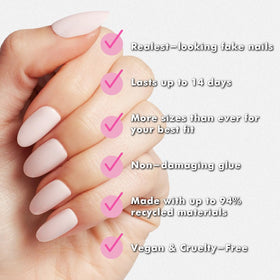 Olive & June demonstration of applying a press-on nail for secure long-lasting wear