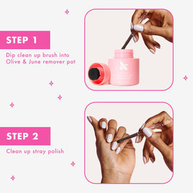 Olive & June brush beside nail polish remover pot for controlled cleanup