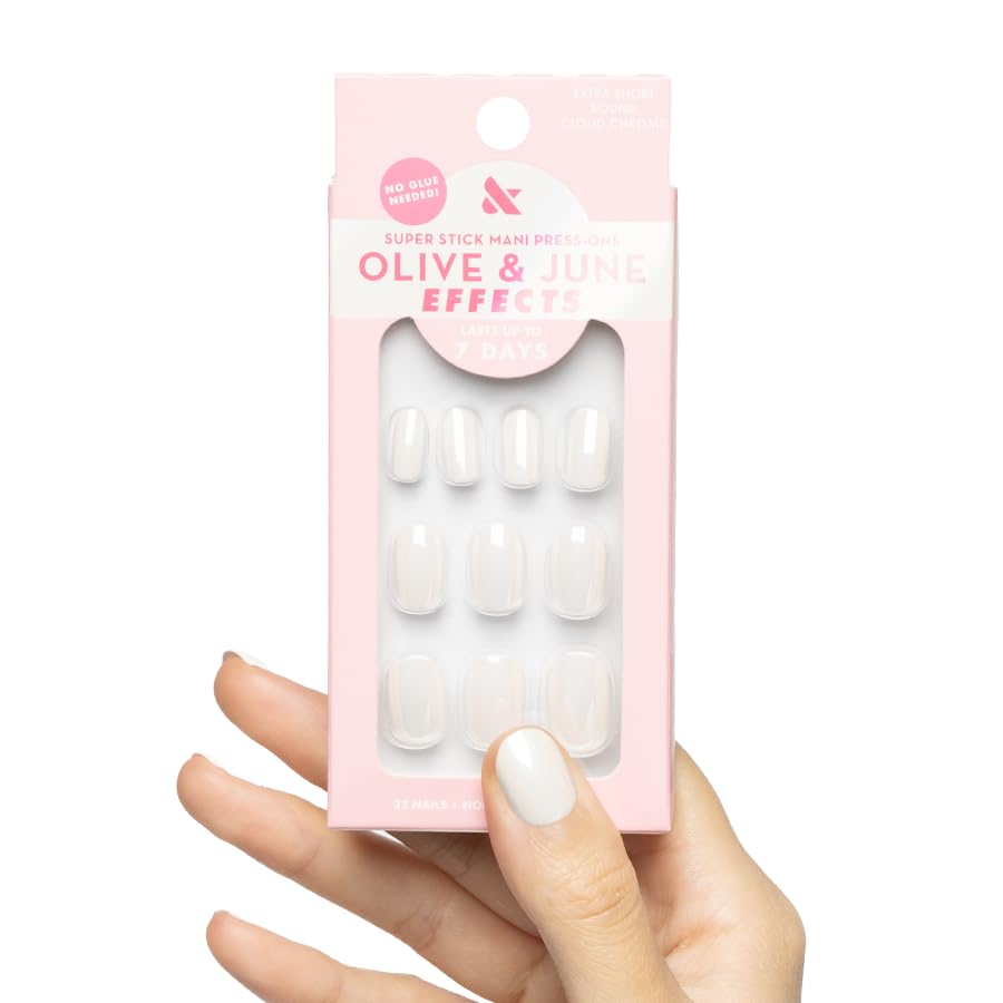 Olive & June front packaging showing Cloud Chrome press-on set and included tools for easy use