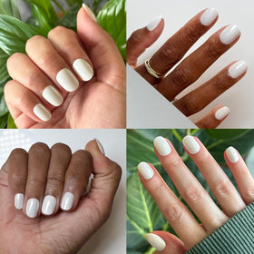 Olive & June press-on nail side profile highlighting low-bulk shape and natural curvature benefit