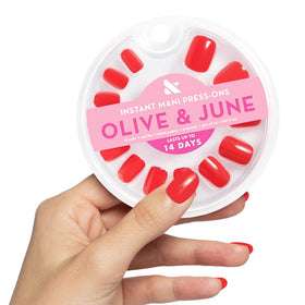 Olive & June front packaging showing CV Cherry Red and kit contents benefit: ready-to-use set
