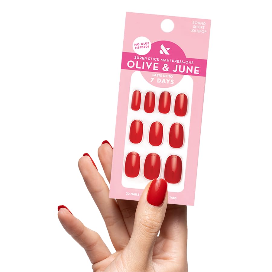 Olive & June front packaging showing Lollipop Cherry Red finish and kit benefits