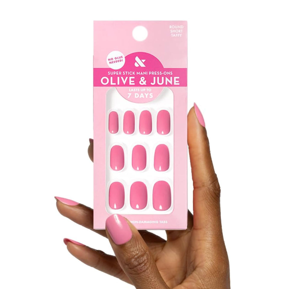 Olive & June front packaging showing Super Stick Mani and bright pink nails for quick salon results