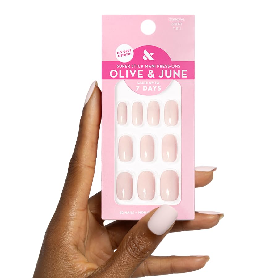 Olive & June front packaging showing tutu pastel pink nails and complete kit benefits