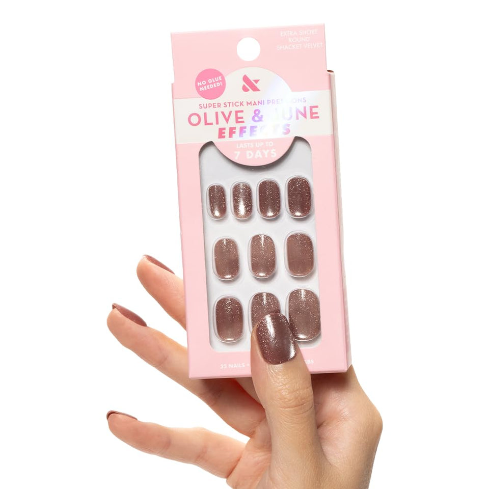 Olive & June front packaging showing extra short round press-ons and tools