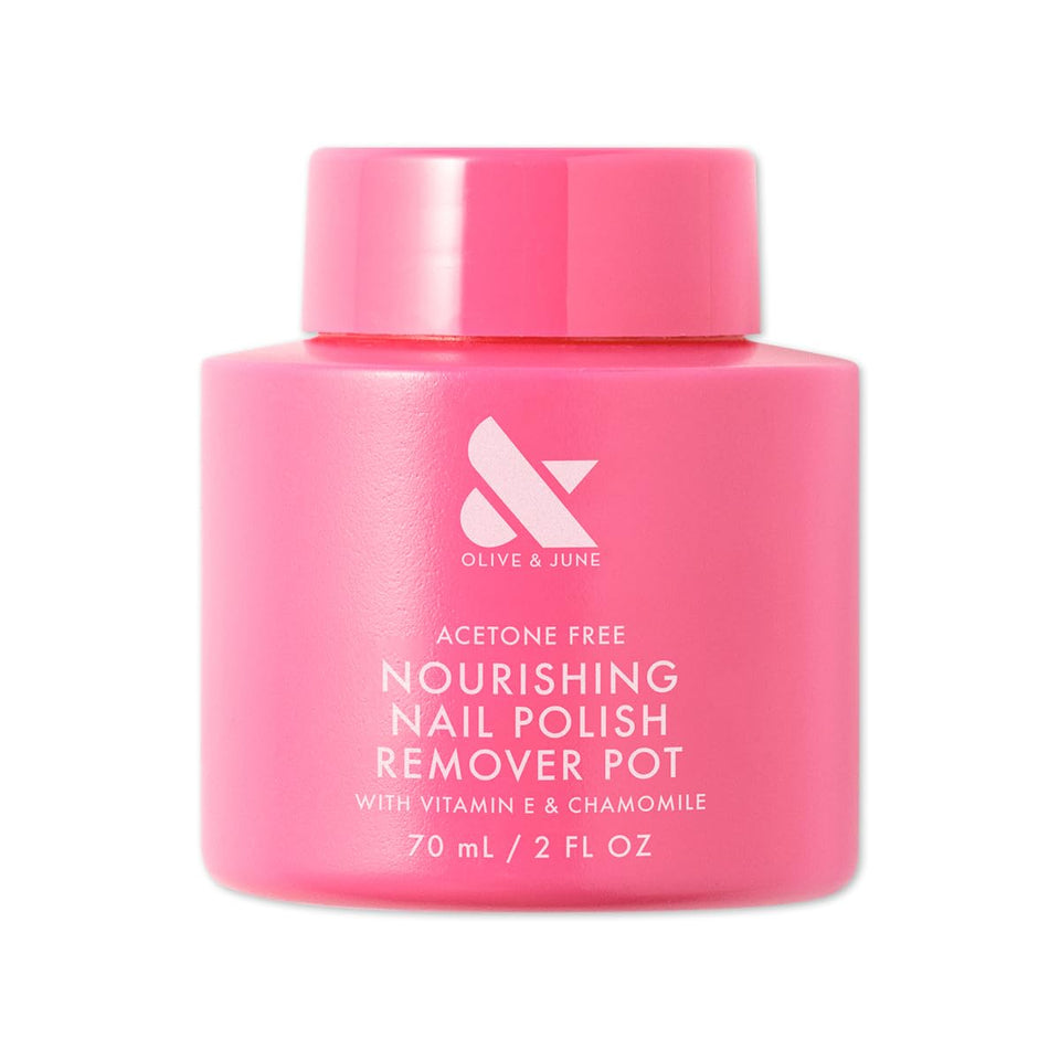 Olive & June front packaging showing compact no-mess remover pot and benefit
