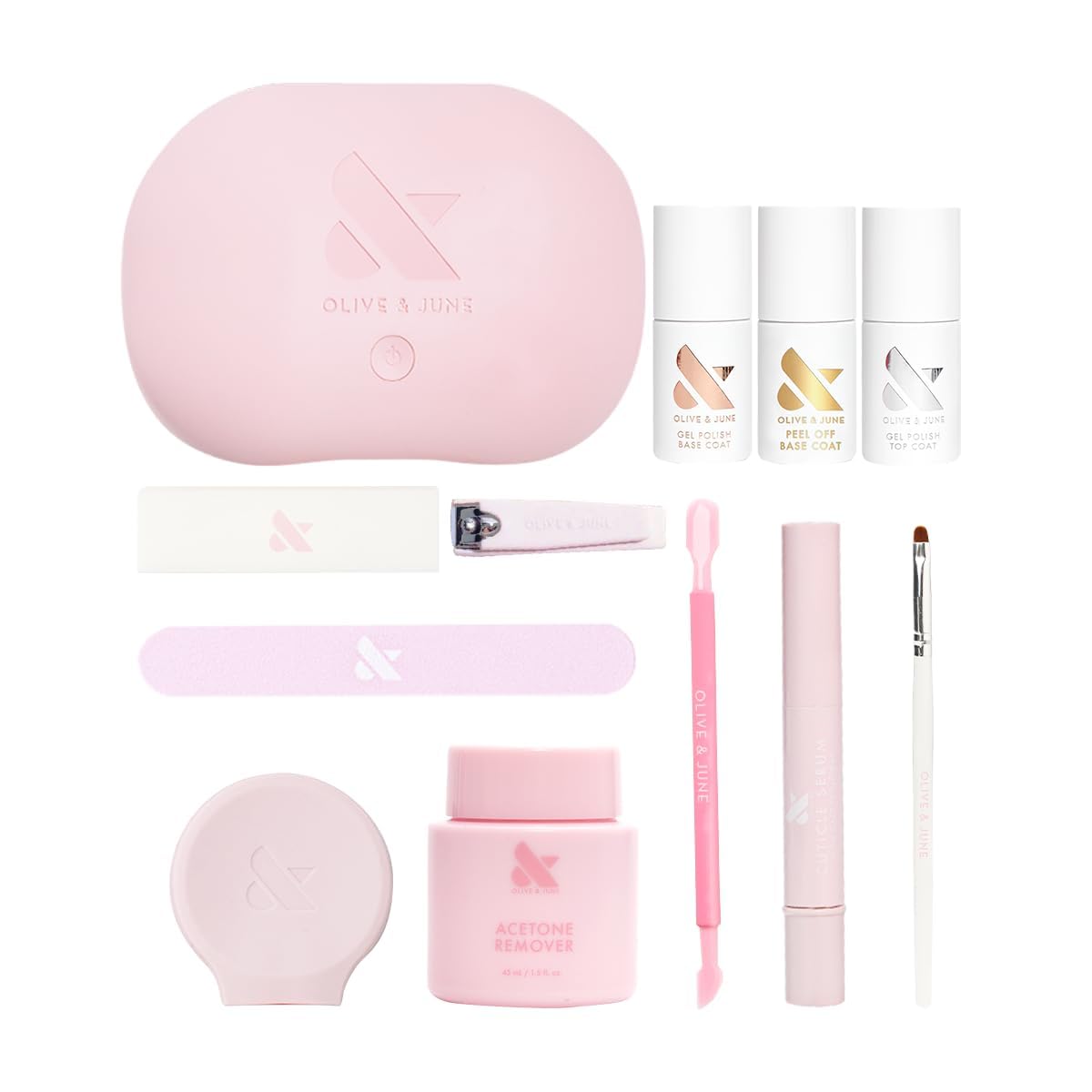 Olive & June kit flat lay showing all items for fast, salon-style results