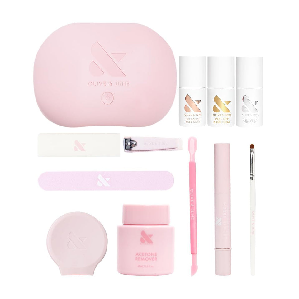 Olive & June kit flat lay showing all items for fast, salon-style results