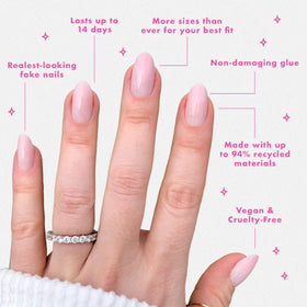 Olive & June application step with glue and press-on nail demonstrating secure hold