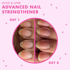 Olive & June in-use on nails during at-home manicure for stronger nails