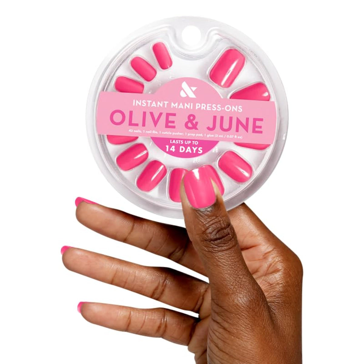 Olive & June front packaging showcasing Hot Strawberry shade and kit benefits