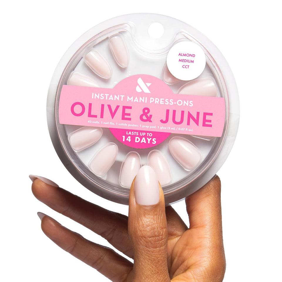 Olive & June front packaging showing complete Instant Mani kit and eco materials benefit