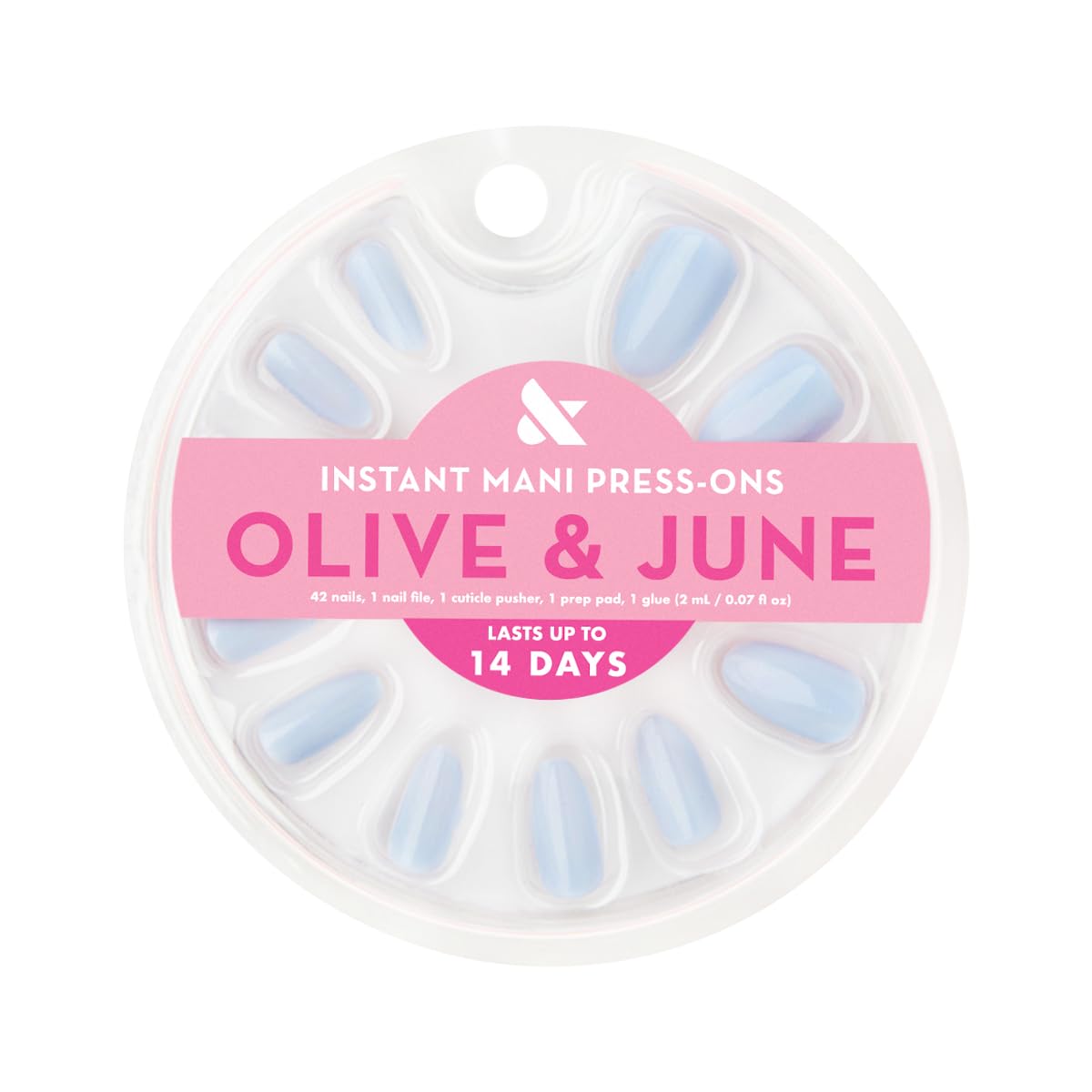 Olive & June spread of 42 nails displaying the 21 inclusive sizes for fit