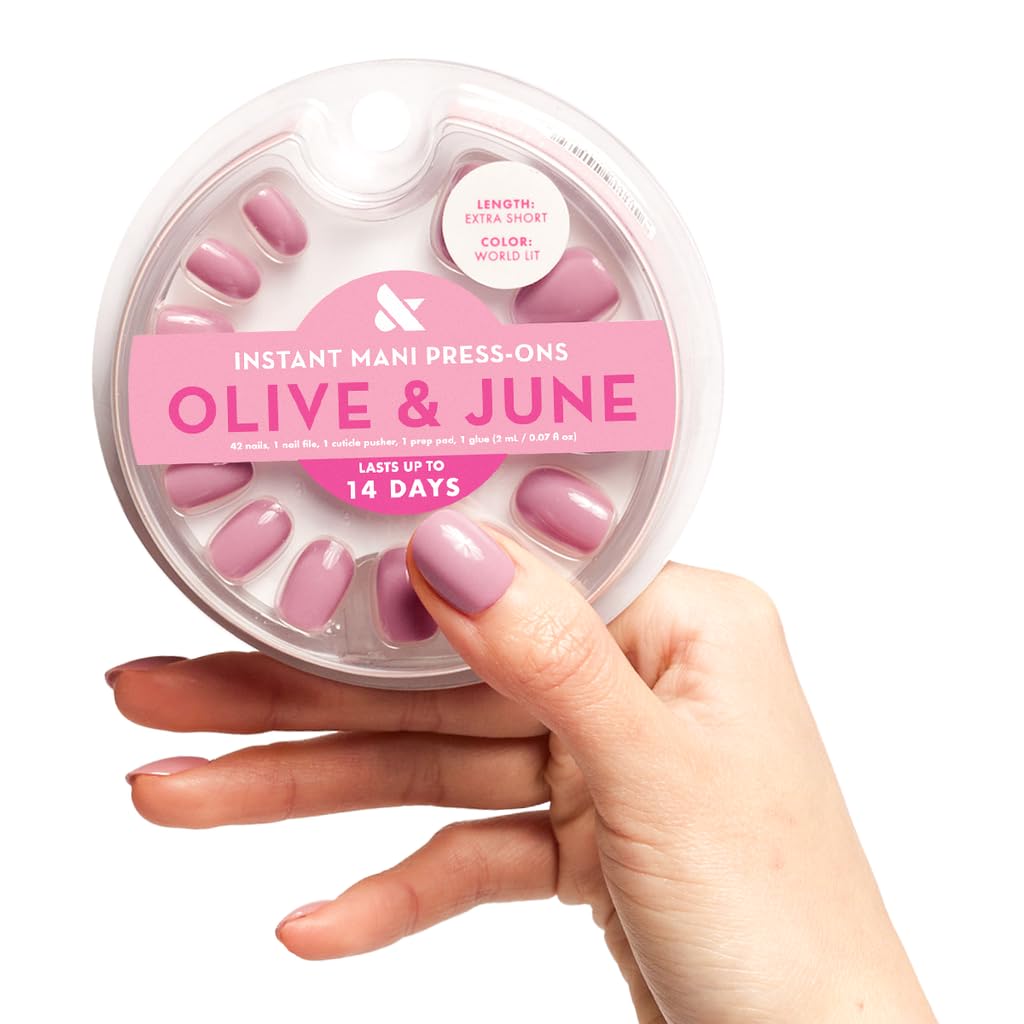 Olive & June front packaging showcasing mauve press-on nails and included kit