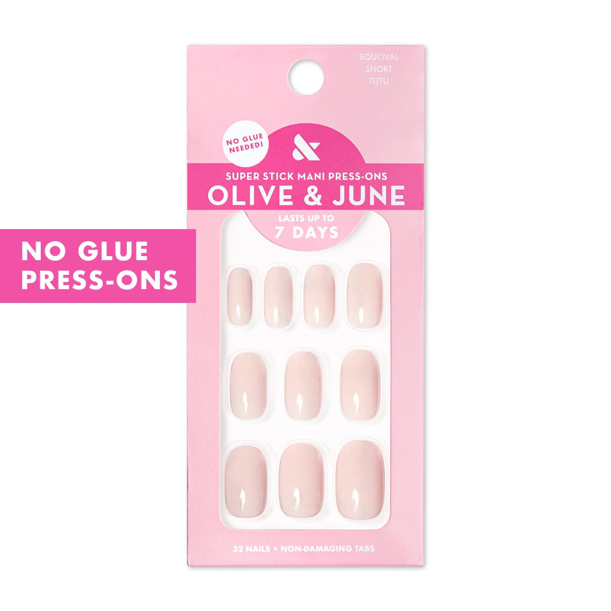 Olive & June layout displaying 32 nails, tools, and patented tab wheel for easy use