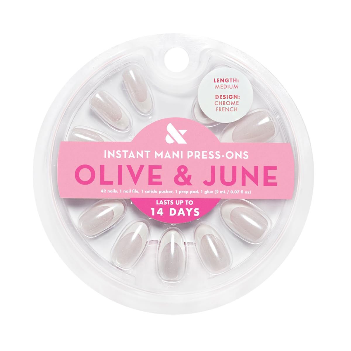 Olive & June spread of 42 nails laid out, clear sizing for best fit