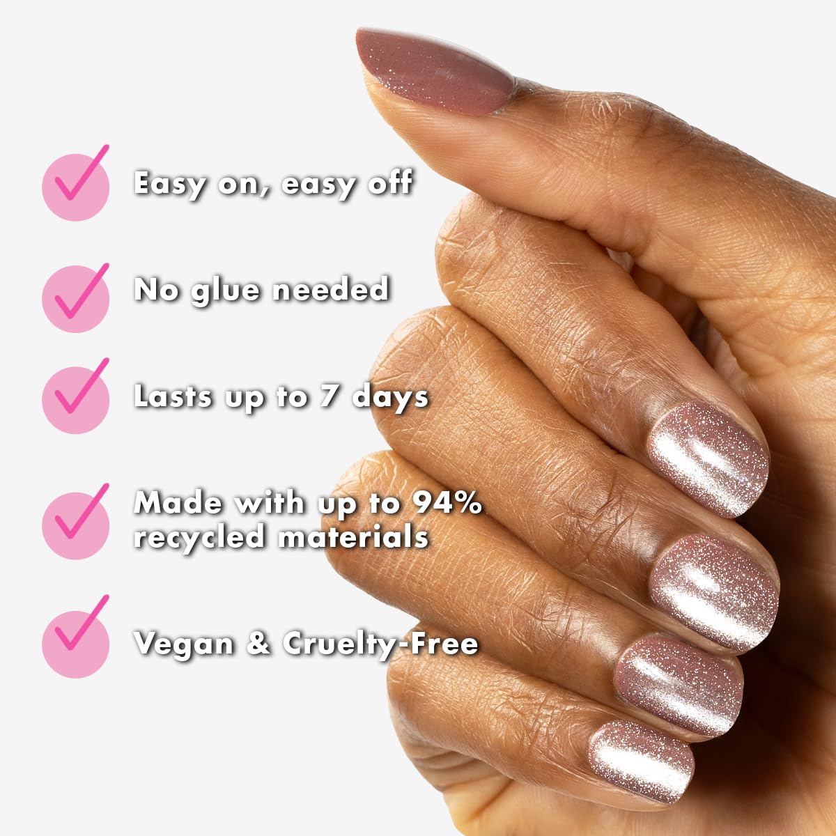Olive & June press-on nail curve closeup showing realistic finish and shine