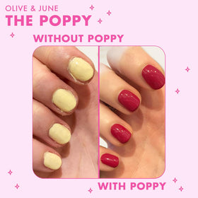 Olive & June Poppy beside polish bottle to show size and ergonomic advantage