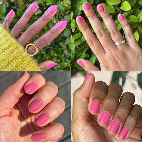 Olive & June swatch on nail tip showing true prom magenta color payoff