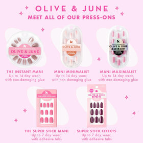Olive & June label close-up showing recycled-materials badge and sustainable manufacturing benefit