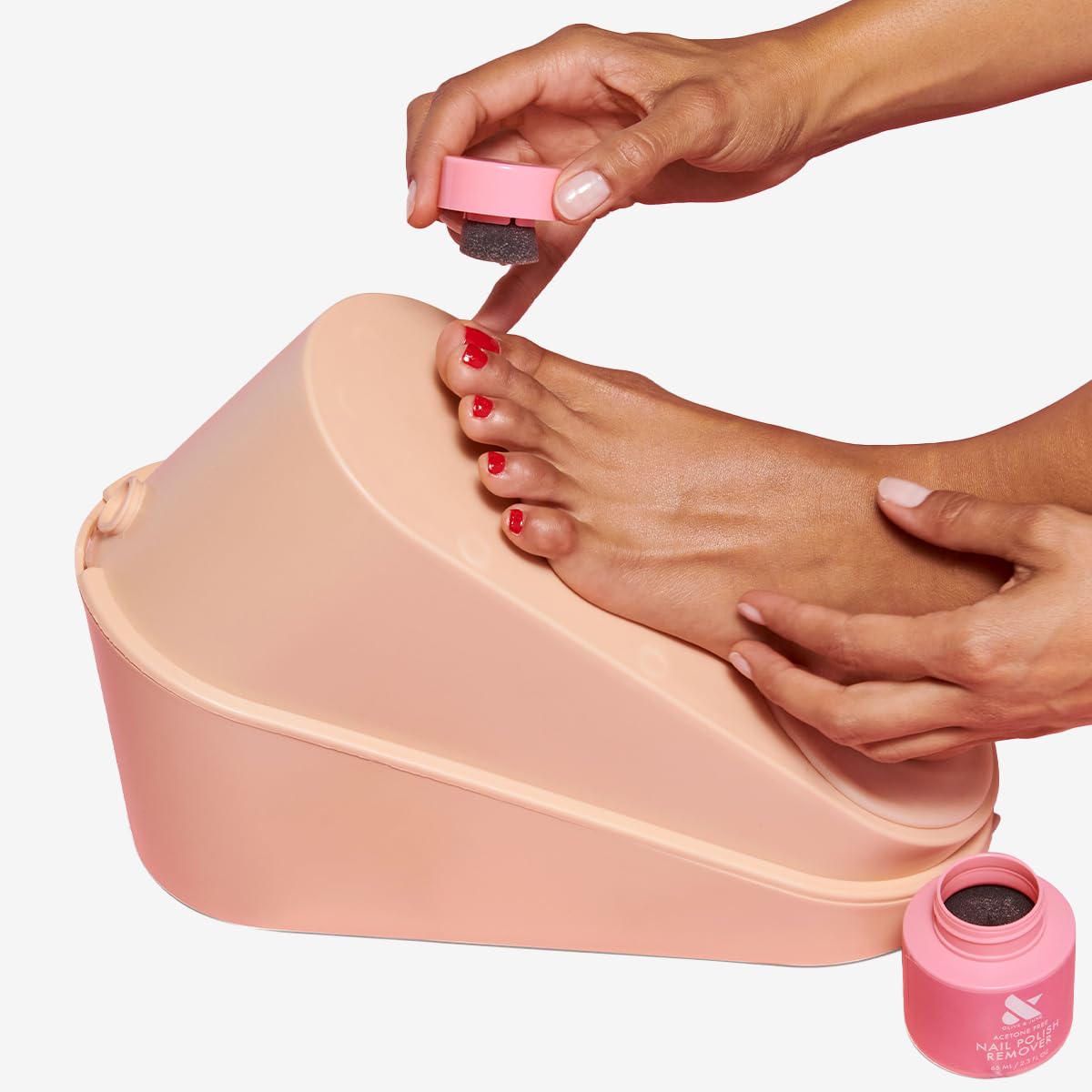 Olive & June remover pot in use with finger dipped for quick polish removal