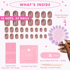 Olive & June size comparison display showing 16 inclusive nail sizes