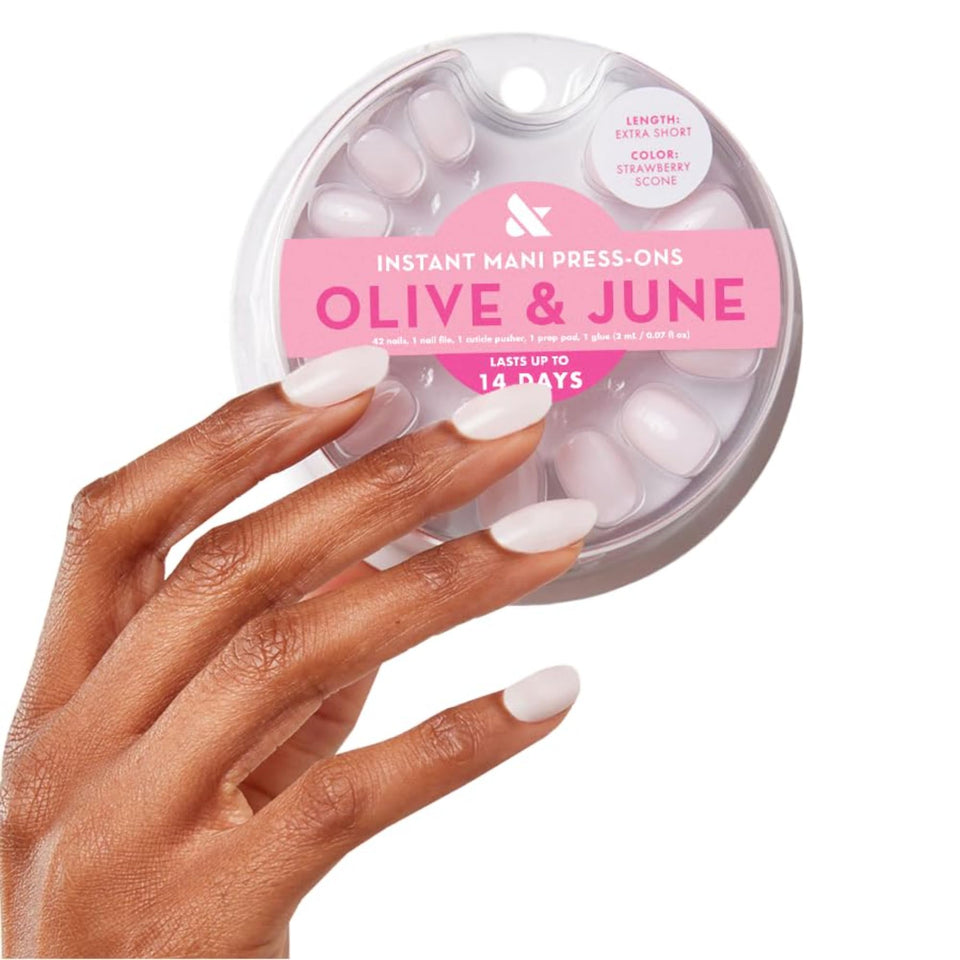 Olive & June front packaging displaying Strawberry Scone press-on nails, attractive presentation