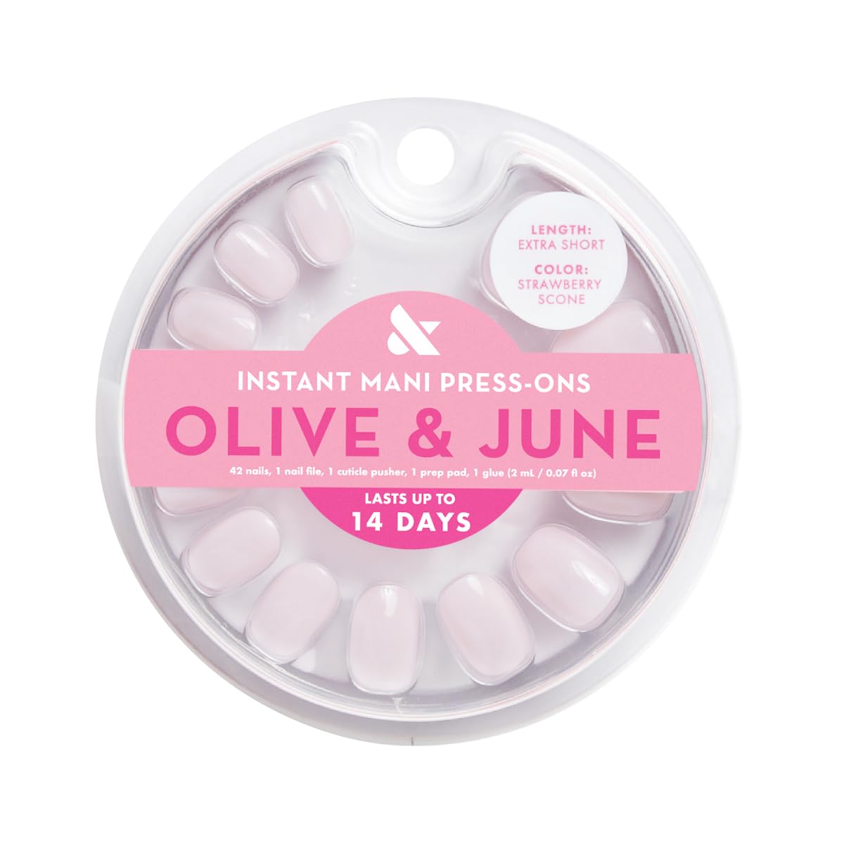 Olive & June open kit showing 42 nails, glue, and tools for effortless home application