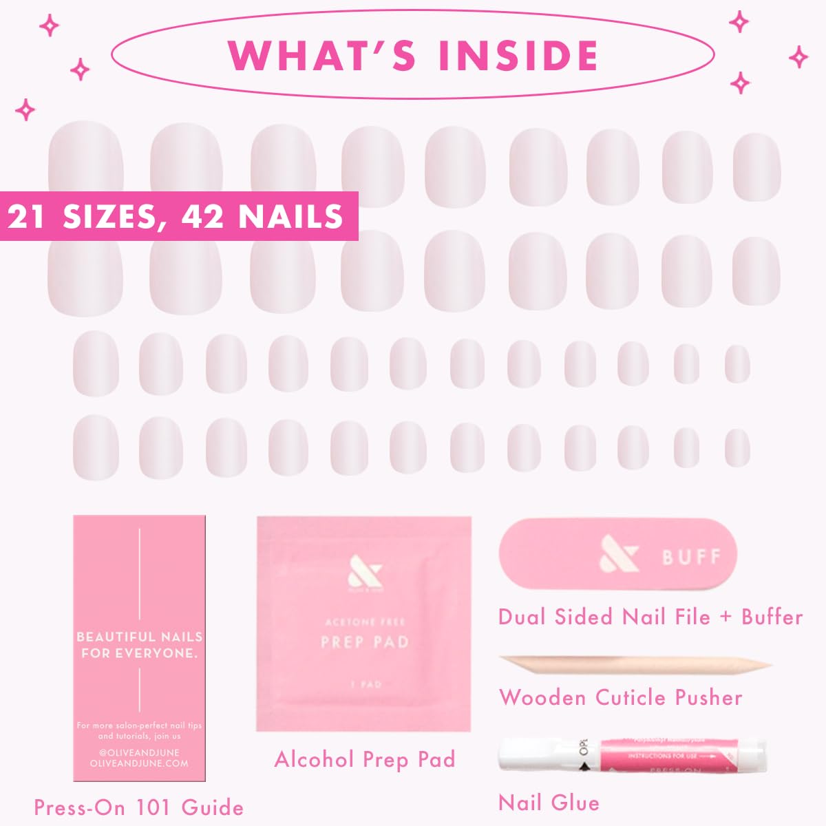 Olive & June size layout with labels illustrating 21 inclusive sizes for perfect fit