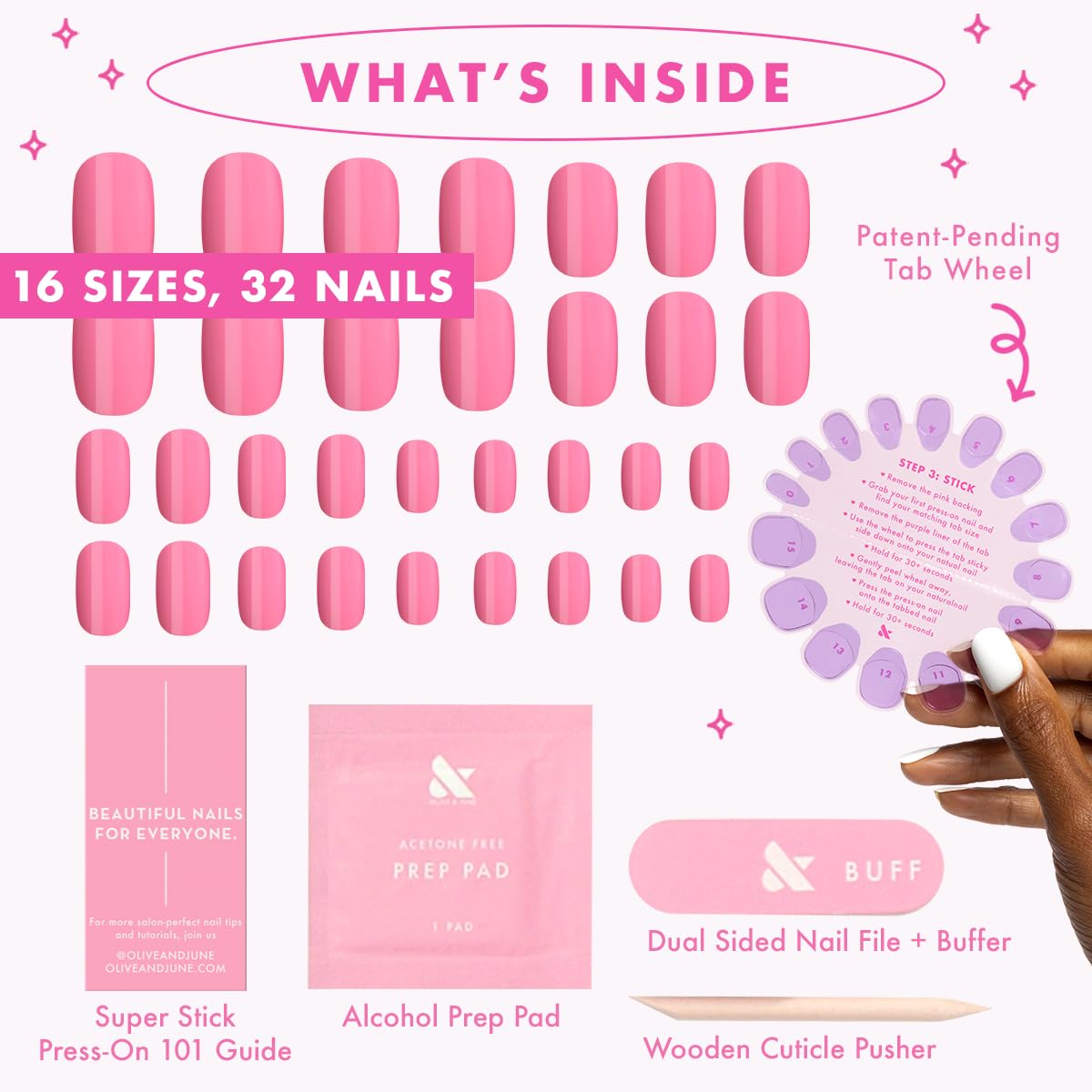 Olive & June worn manicure on hand showing everyday wearability and polished bright pink look