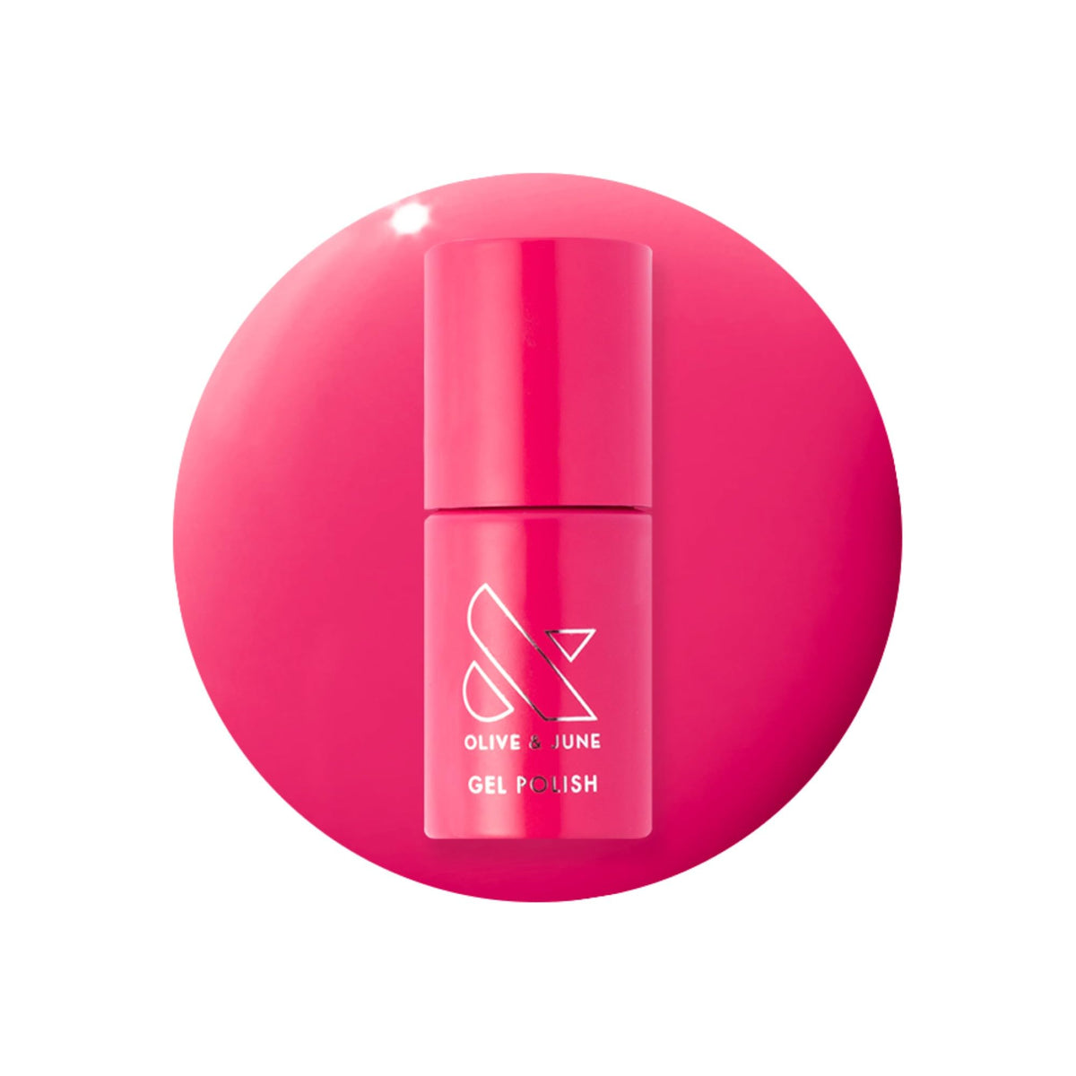 Olive & June bottle of XOXO Hot Pink showing label and glossy polish benefit