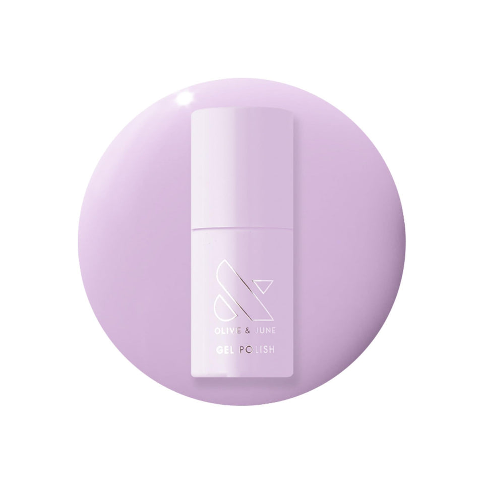 Olive & June bottle front view showing lilac gel polish and glossy finish