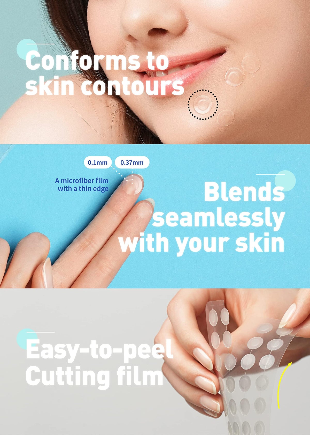 OLIVE YOUNG patch applied to cheek demonstrating secure adhesion and hidden coverage