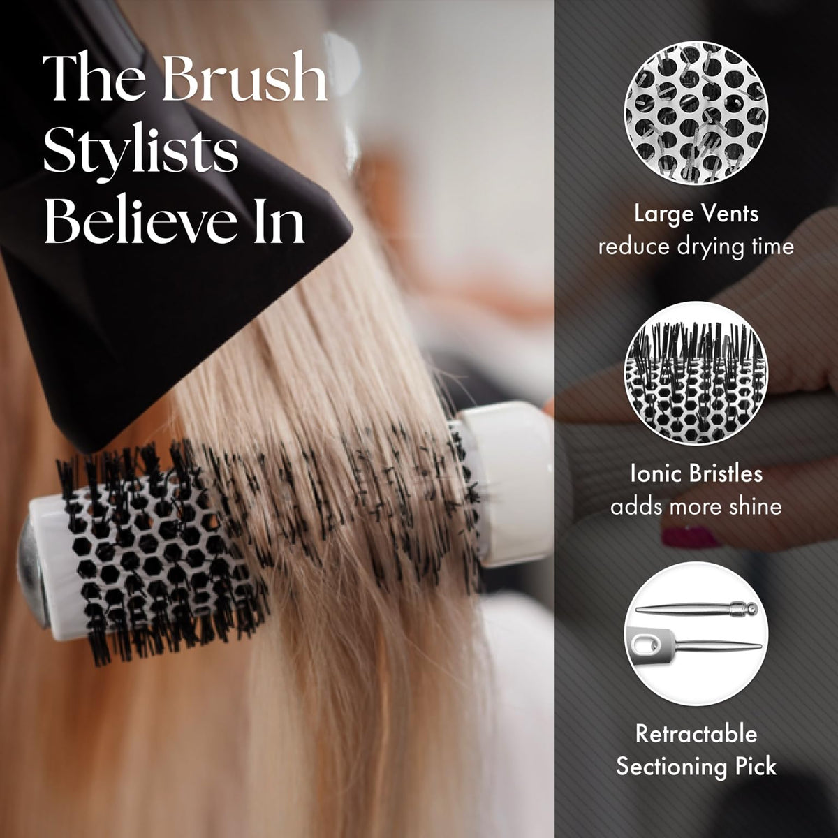 Olivia Garden brush held in hand to show scale, comfortable ergonomic grip benefit
