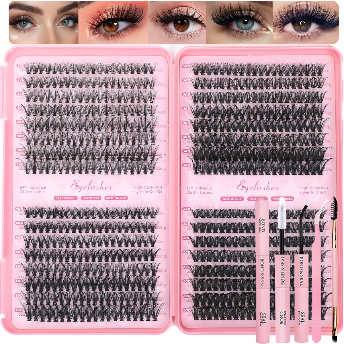 OLLAVO front packaging showing 640-piece lash clusters kit and included tools for easy styling