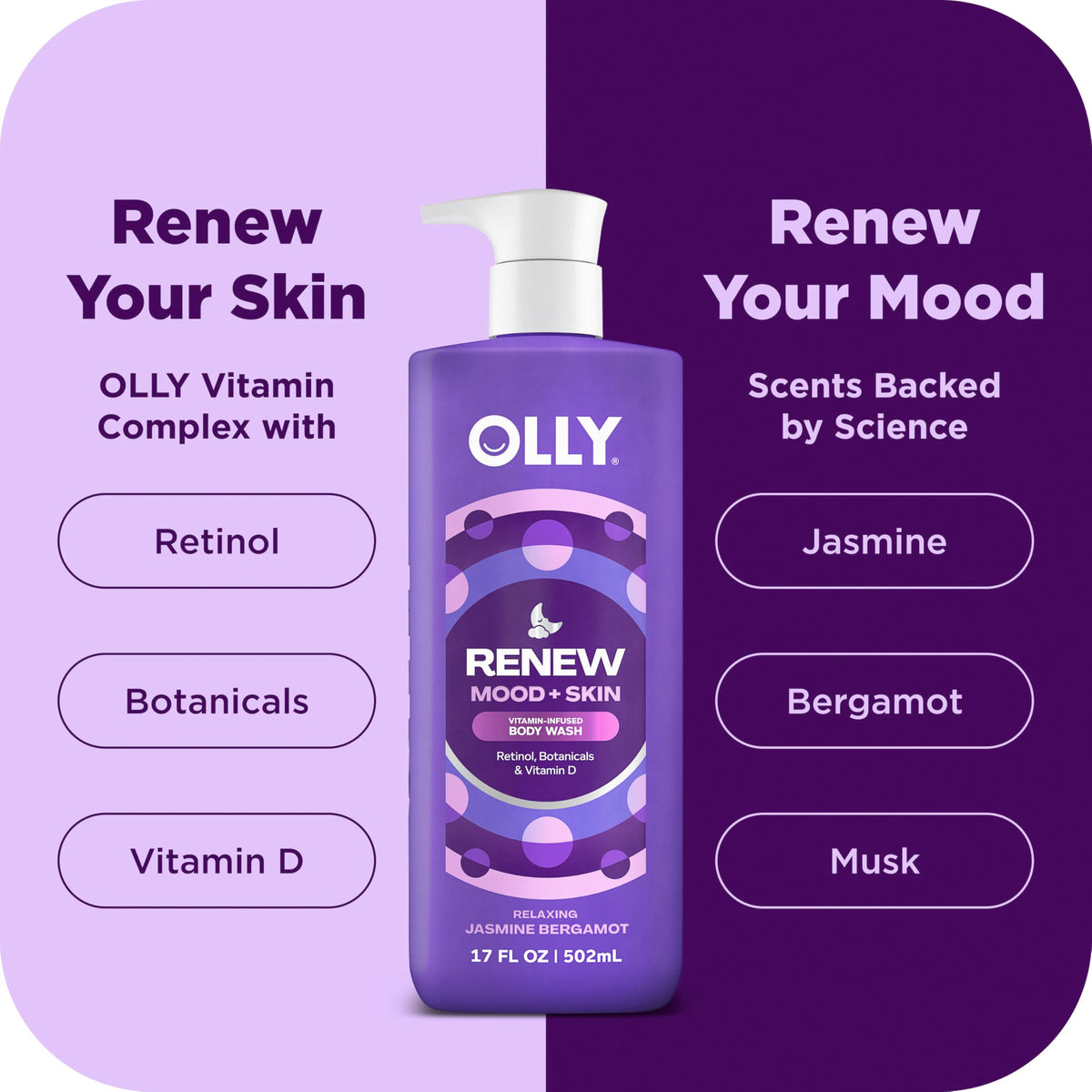 OLLY creamy gel texture close-up showing nourishing, non-stripping lather